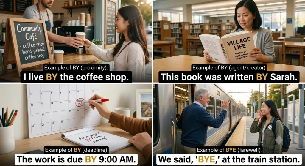 By or Bye in Everyday Examples